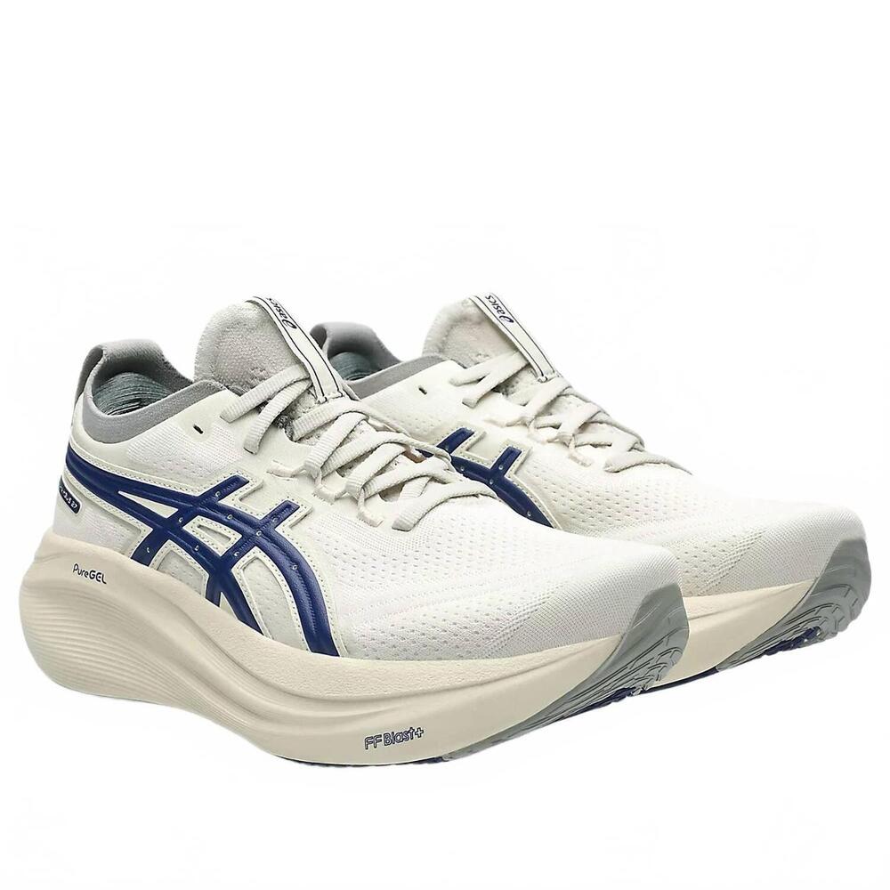 NEW ASICS women's gel-nimbus 27 atc shoes in birch/indigo blue